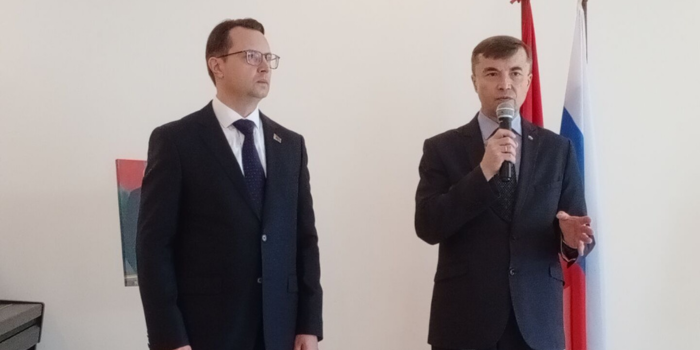 Belarusian Ambassador Raman Ramanouski and Russian Ambassador Sergei Gennadievich Tolchenov at the Eurasian Economic Union Day event.