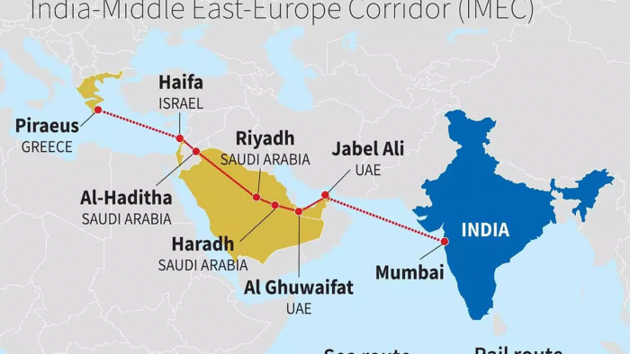 Peta koridor strategis India IMEC dari Mumbai ke Eropa.