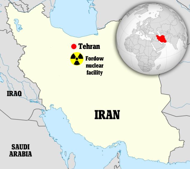 Peta Iran menunjukkan lokasi Fordow sebagai target klaim serangan AS ke Iran.