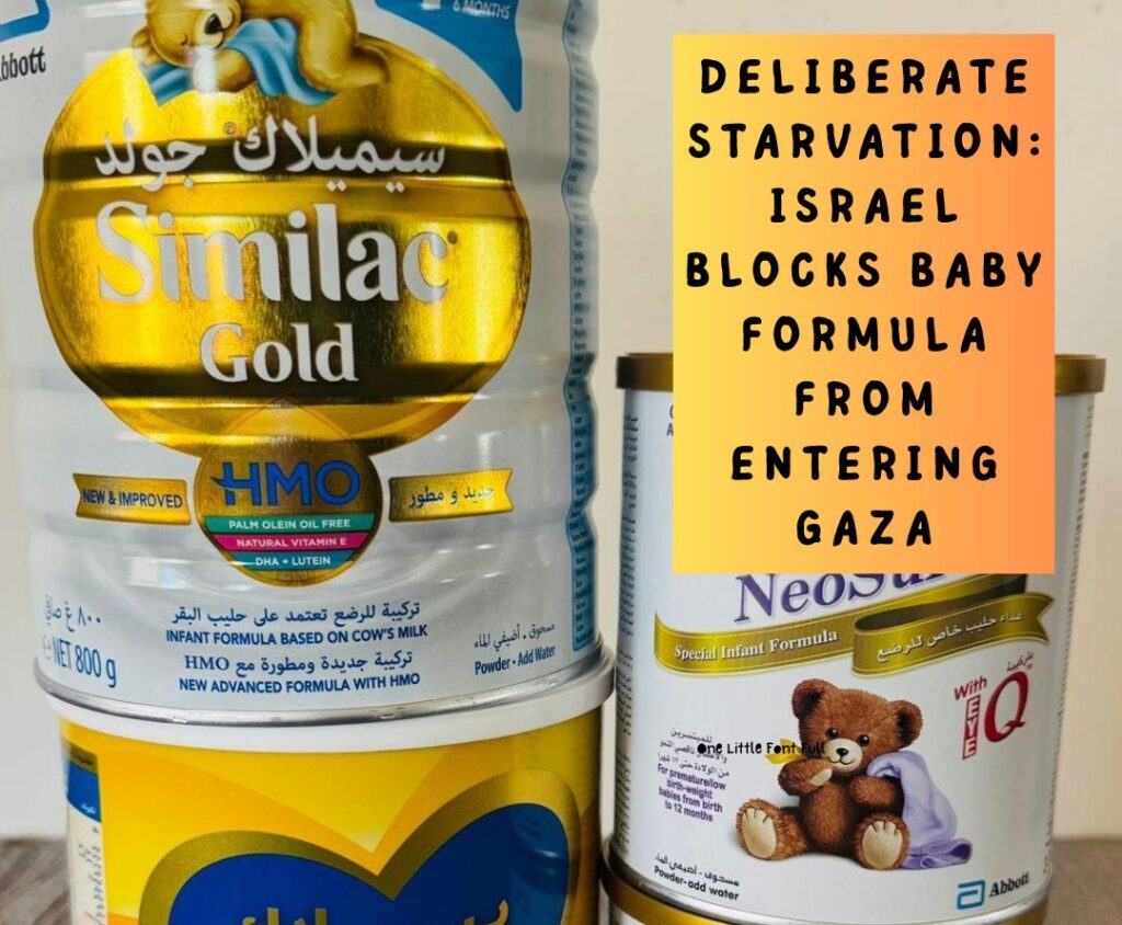 Kaleng susu formula merek Similac, Bebelac, dan NeoSure ditampilkan dengan tulisan: “Deliberate Starvation: Israel Blocks Baby Formula from Entering Gaza”.