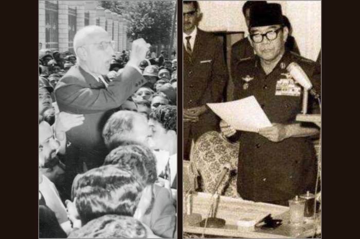 Dua tokoh korban petualangan kudeta Amerika Serikat: Mossadegh dan Soekarno.