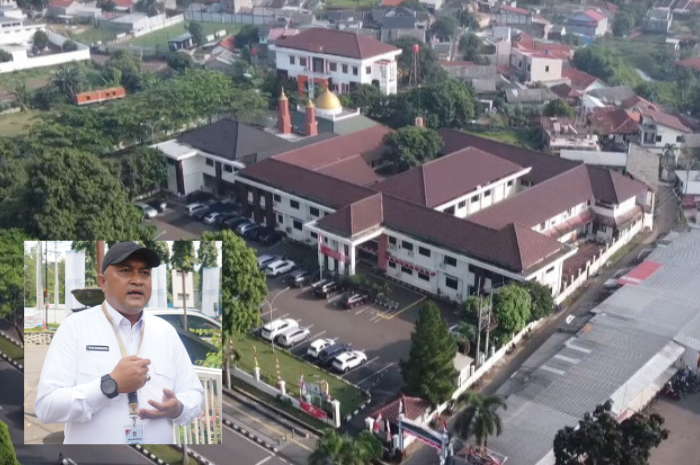 Gedung PN Cibinong dengan insert foto Bupati Bogor Rudy Susmanto, dikaitkan dengan proyek Rp14,4 miliar yang menuai sorotan publik.
