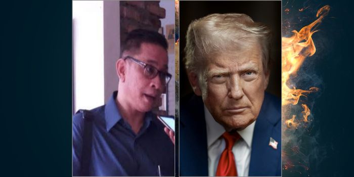 Bernard Haloho dan Donald Trump berdampingan, dengan latar api sebagai simbol krisis global