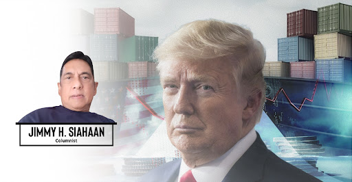 Donald Trump dan grafik ekonomi global menggambarkan dinamika geopolitik serta kebangkitan populisme.