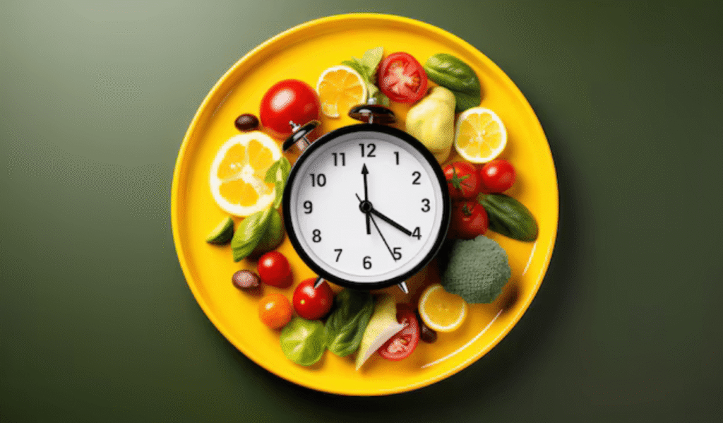 Jam analog di atas piring berisi sayuran dan buah menggambarkan konsep puasa 36 jam dan keseimbangan nutrisi.