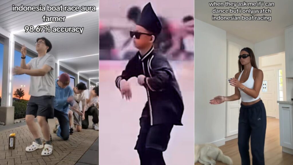 Kolase tiga video TikTok memperlihatkan gaya dansa ala anak pacu jalur Indonesia yang ditiru netizen mancanegara yang di sebut aura farming.