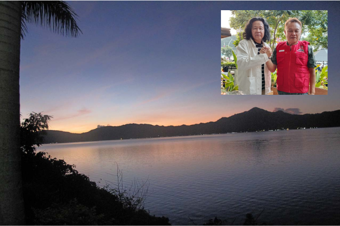 Danau Tondano saat senja dengan inset Prof Alex Masengi dan Jak Tumewan bersalaman mendukung pemanfaatan potensi danau.
