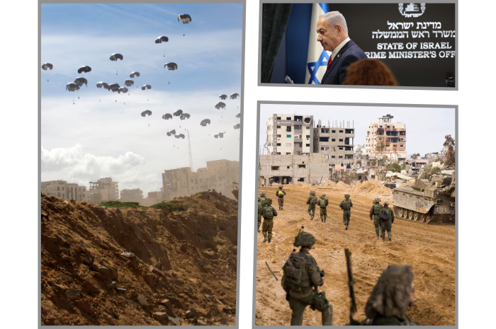 Parasut menjatuhkan perbekalan di langit Gaza, Benjamin Netanyahu berbicara di podium dengan latar logo kantor perdana menteri Israel, dan pasukan Israel berpatroli di jalanan yang hancur di wilayah konflik. Israel tengah mempersiapkan kondisi gaza pasca hamas.