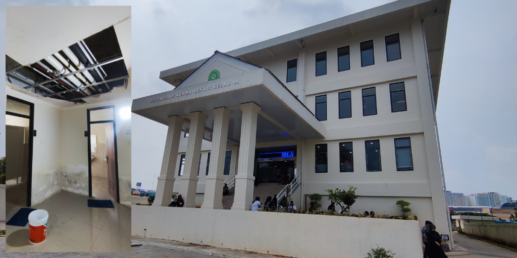 Baru tiga bulan serah terima, plafon gedung Pengadilan Agama Bekasi jebol. Warga soroti kualitas proyek yang menelan anggaran Rp20 miliar.