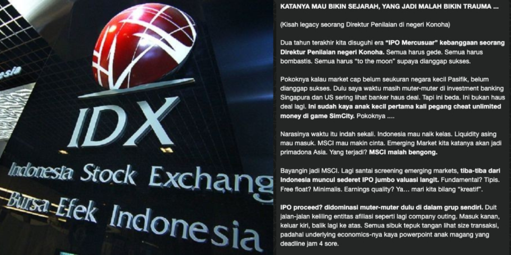 Tulisan satir Indeks Harga Saham Gorengan viral dan menyoroti kondisi pasar modal Indonesia.