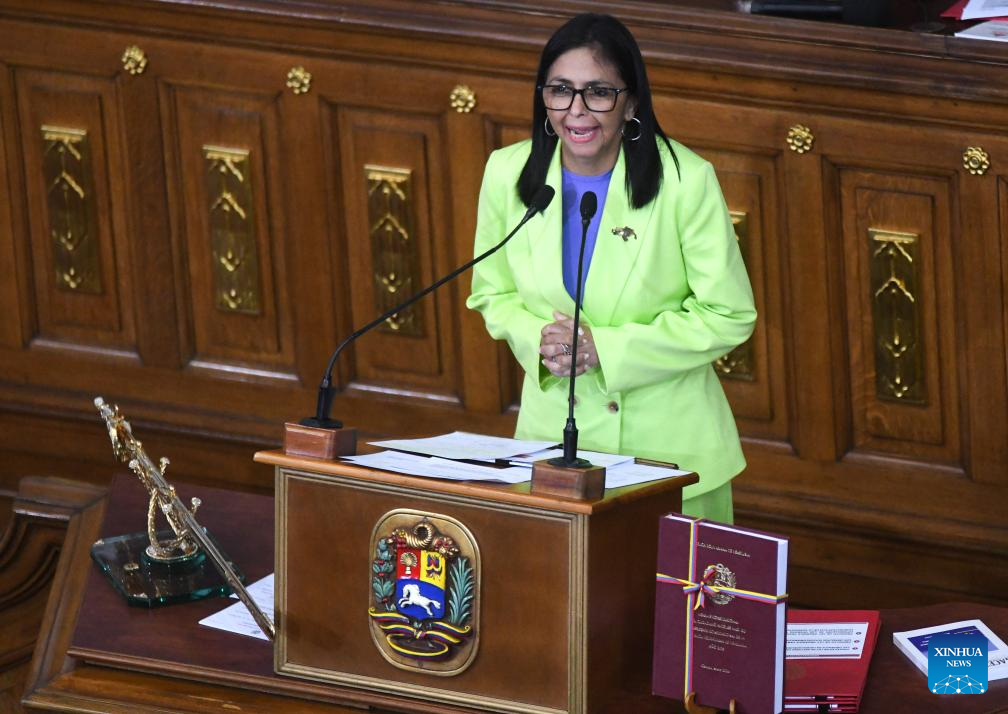 Venezuelan acting President Delcy Rodriguez delivers her annual report to the legislature on behalf of the administrative body in Caracas, Venezuela, Jan 15, 2026.