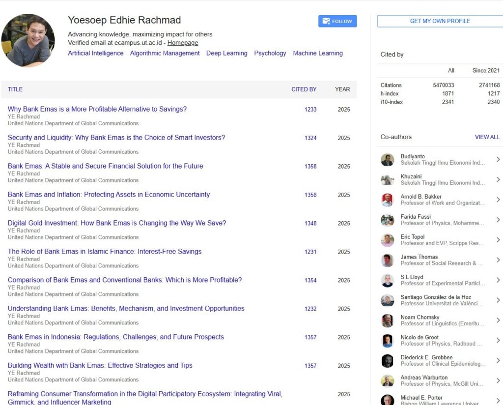 Tampilan profil Google Scholar Yoesoep Edhie Rachmad dengan jutaan sitasi.