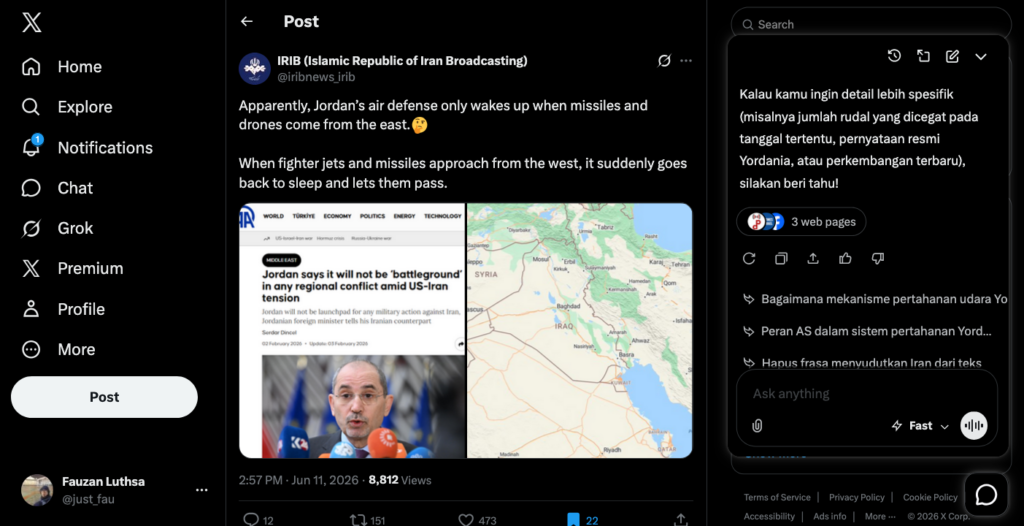 Unggahan media pemerintah Iran yang menyindir kebijakan pertahanan udara Yordania.