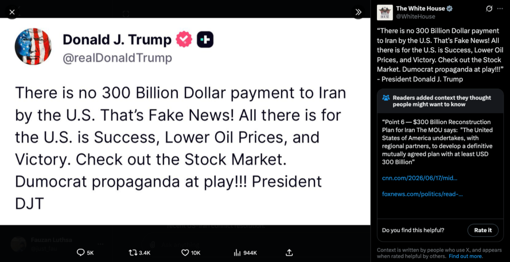 Postingan Donald Trump tentang Iran yang mendapat Community Note di platform X.