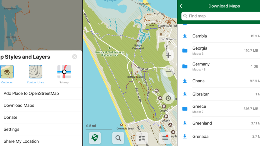 Aplikasi Organic Maps menampilkan peta dan navigasi offline di ponsel.
