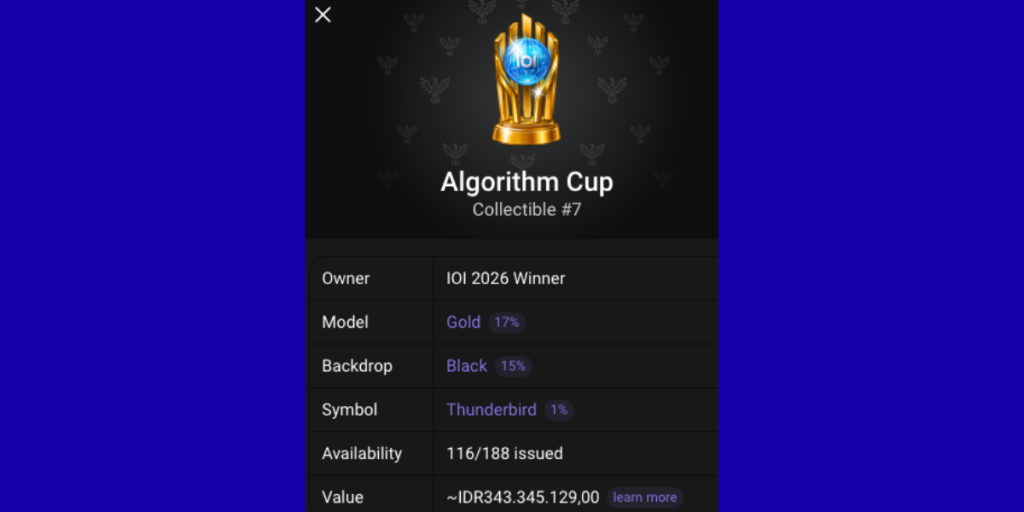 Tampilan Algorithm Cup #7 milik pemenang IOI 2026 dengan nilai sekitar Rp343 juta.