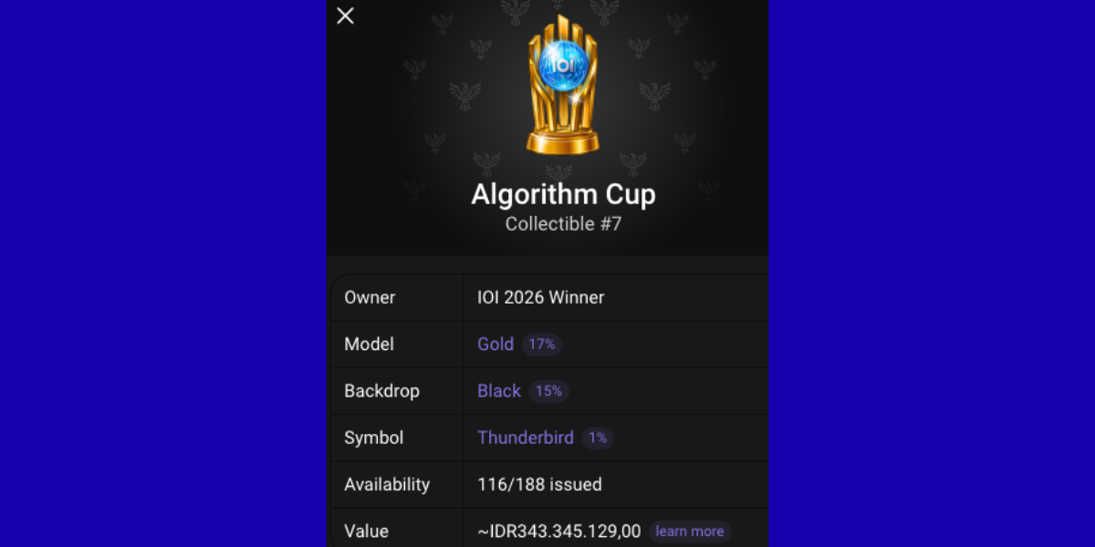 Tampilan Algorithm Cup #7 milik pemenang IOI 2026 dengan nilai sekitar Rp343 juta.